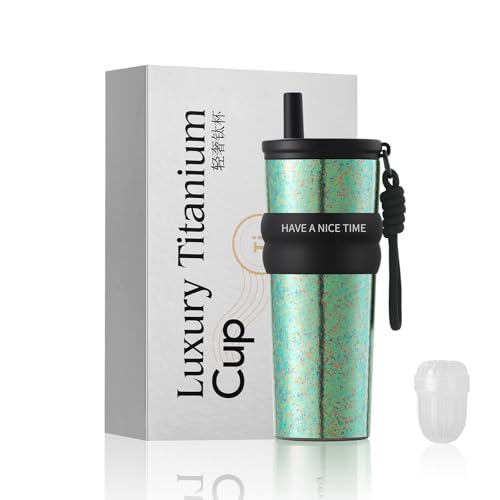 ZING TTI Titanium Coffee Tumbler with Titanium Straw & Flip Lid, Hot & Cold Beverage Travel Mug, Double-Wall Vacuum Insulated Cup, Portable Coffee Cup with Gift Box, 24 oz (green) Green