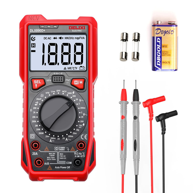 [Australia - AusPower] - DELIXI Digital Multimeter, Manual Range Tester with High Accuracy Measures Voltage, Current, Resistance, Capacitance, NCV, Dual Ceramic Fuses Included 890d 