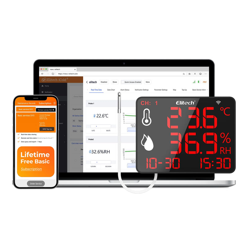 Elitech WiFi Thermometer, Temperature and Humidity Meter, Large Display Data Logger with External Sensors, Real-time Monitoring for Warehouse, Laboratory, Home, Greenhouse DR-230W-THE Wi-Fi single probe