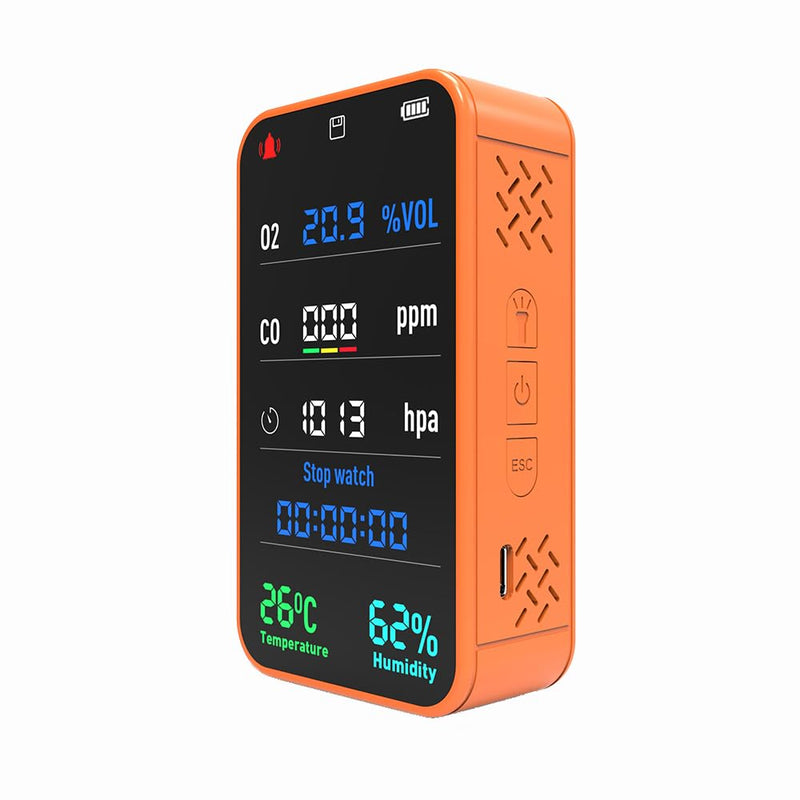 [Australia - AusPower] - 7-in-1 Portable Oxygen Monitor, Environmental O2 Monitor with Air Pressure, Temperature, Humidity, Stopwatch Rechargeable 3000mAh Battery, SD Card Data Logging Device for Hiking, Camping & Outdoor Use Orange 