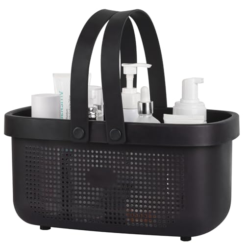 Large black plastic shower caddy basket with handles, ideal for bathroom storage and organization.