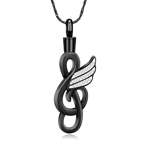Imrsanl Music Note Urn Necklace for Ashes Musical Symbol with Wing Memorial Pendant Cremation Jewelry for Women Men Ashes Holder Funeral Keepsake Black