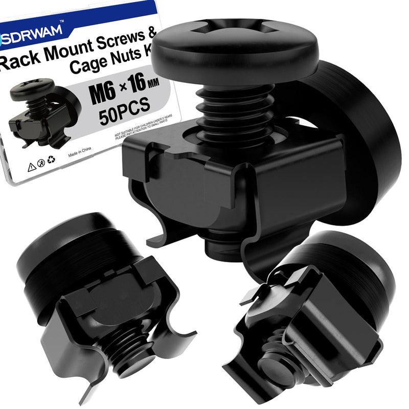 [Australia - AusPower] - 50 Pack M6 x 16mm Rack Mount Cage Nuts, Screws and Nylon Washers Stainless Steel Black Zinc Plating, Compatible with 19"/10" Server Racks, Cabinets, Routers, A/V and Network Enclosures 50Pack M6x16mm 