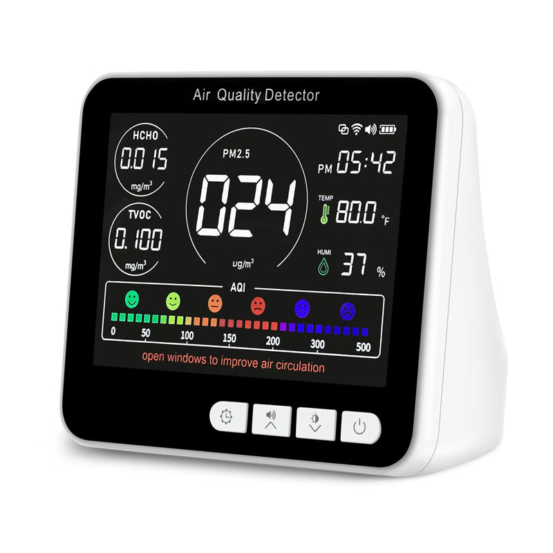 [Australia - AusPower] - BIBIRE 14-in-1 Air Quality Monitor Indoor with Beep Alarm, 6 AQI Air Detector with PM1.0|PM2.5|PM10|HCHO|TVOC|AQI|Temperature|Humidity|Time for Home, Hotel, Office, Car, Battery Powered 