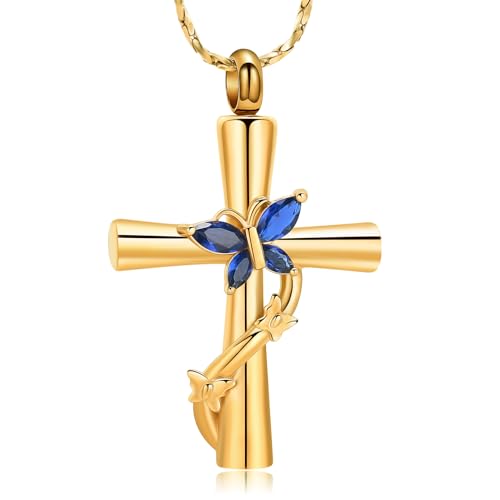 Imrsanl Cross with Butterfly Urn Necklaces for Ashes for Women Gold Blue
