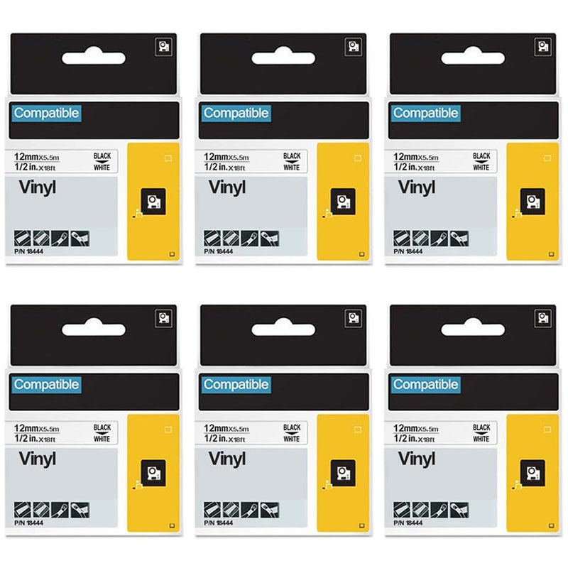 18444 Rhino 4200 Vinyl Label Tape Replacement for Dymo 18444 1/2 Inch Black on White Industrial Permanent Refills Work with Rhinopro 4200 5000 5200 6000 3000 Label Maker, 1/2" X18', 6 Pack