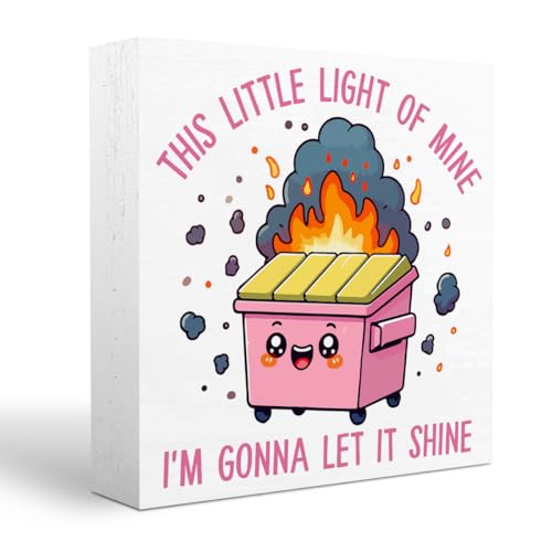 Pink Office Decor Dumpster Fire Wooden Box Sign Plaque Table Decorations for Home Workplace 5 x 5 inches Humorous Gift for Any Occasion I'm Gonna Let It Shine - 02
