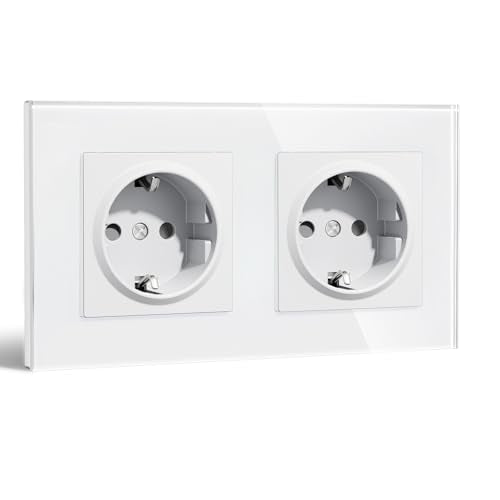 Schuko Socket Flush-Mounted EU Standard, 86 x 157 mm Wall Socket 16 A with Glass Frame, Easy Installation, Folding Claws, Type F Double Socket with Earth, 2-Way, White 2 outlets