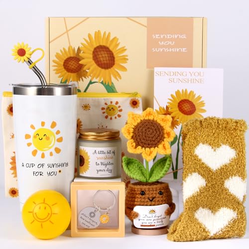 10Pcs Sunshine Gift for Women - Unique Care Package with Sunflower Gifts, Friendship Box of Sunshine for Mom Sister Wife, Get Well Soon & Birthday Present, Self Care Basket for Women Recovery Yellow