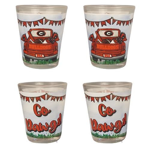 Game Day Outfitters Georgia Bulldogs Set of 4 Shot Glasses Unique Pick-Up Truck Team Cheer 360° Artwork | Round 1.5 oz Clear Glass | For Alumni, Student, Fraternity, and Resident Fans Gift Idea