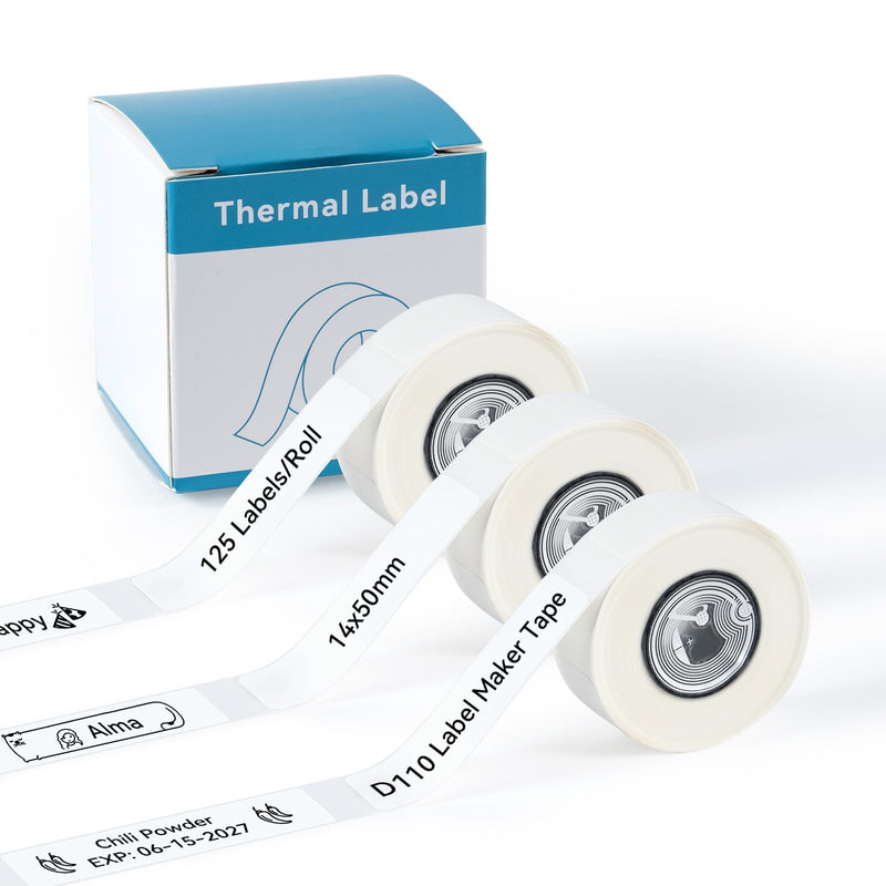 D110 Label Maker Tape Compatible with NIIMBOT D11/D110, NADAIIN N12 Label Maker, Adapted Label Paper, 14x50mm (0.55"x1.97"), Standard Laminated Office Labeling Tape, 125 Tapes/Roll, 3-Roll, White