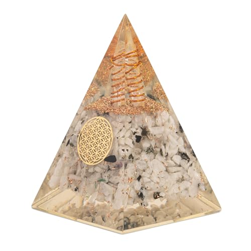 Orgonite Pyramid with Rainbow Moonstone – Energy Crystal for Calmness, Strength & Healing – Handmade Spiritual Decor for Meditation & Home