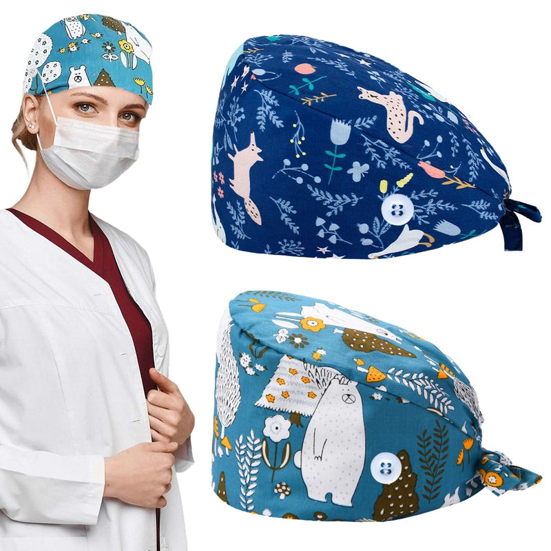 Pack of 2 Surgical Caps, Women's Adjustable with Button, Work Cap, Cotton Print, Sick Nurse Cap, Unisex Dust Caps (Animal Style)