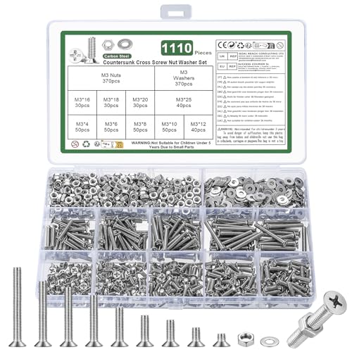 YOUYIDUN M3 screw and nut assortment set with silver countersunk Phillips flat head bolts, washers, and storage case