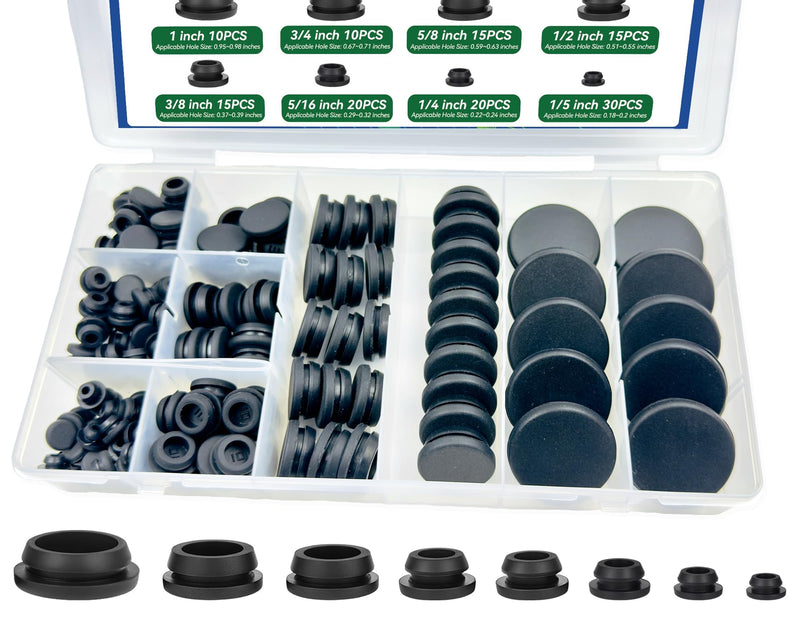 [Australia - AusPower] - 135Pcs Black Silicone Rubber Plugs for Round Holes Grommet Kit, 8 Assorted Sizes (1" 3/4" 5/8" 1/2" 3/8" 5/16" 1/4" 1/5") General Snap Locking Caps for Motorcycle, Furniture, Automotive, Plumbing 