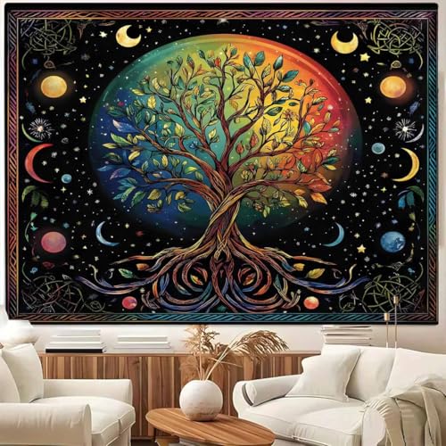 FENDROM Moon Phase Tree of Life Tapestry Galaxy Sun and Moon Flower Plant Tapestries Boho Mandala Spiritual Aesthetic Wall Hanging Backdrop Blanket for Bedroom Living Room Dorm Decor 79"L x 59"W