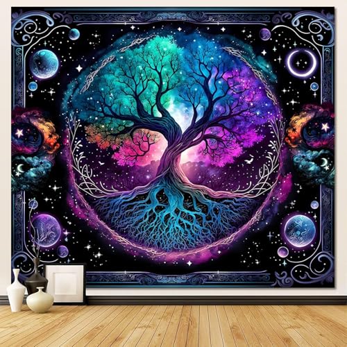 FENDROM Moon Phase Tree of Life Tapestry Moon And Sun Boho Spiritual Aesthetic Wall Hanging Backdrop Blanket for Bedroom Living Room Dorm Decor Blue 59"L x 51"W