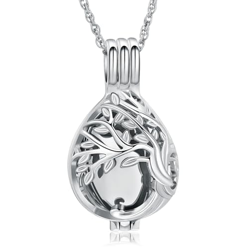 Tree of Life Urn Necklaces for Women Men Teardrop Cremation Jewelry for Ashes Keepsakes with Hollow Mini Ashes Urn Pendant Memorial Necklaces Jewelry Silver