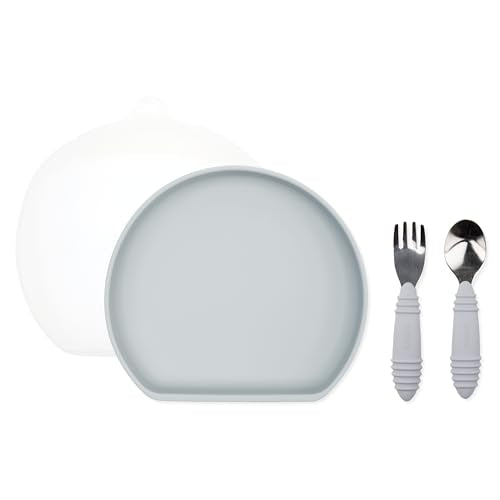 Bumkins - Silicone Grip Plate, Fork & Spoon & Lid - For Ages 18 Months+ - Suction Base - 100% Food-Safe Silicone - Oven, Microwave, Freezer, & Dishwasher Safe - Gray