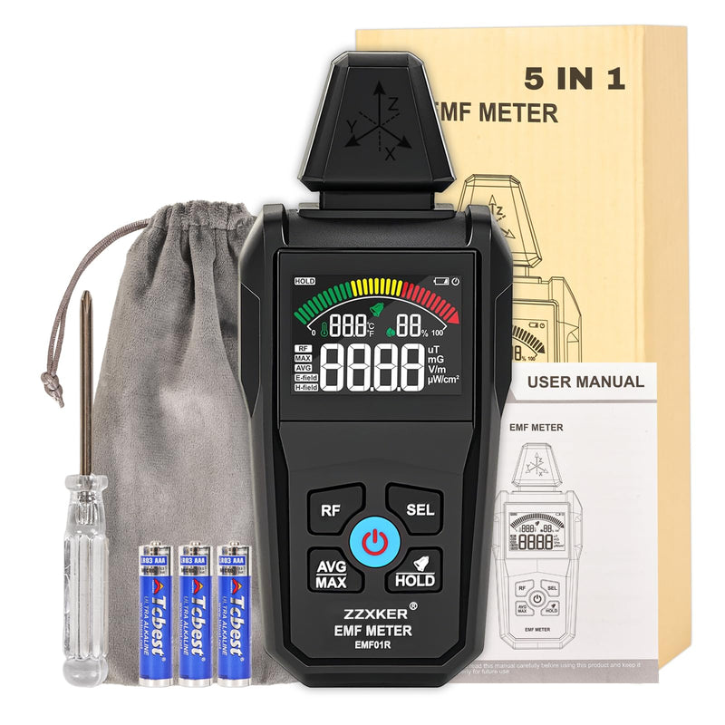 [Australia - AusPower] - EMF Meter Radiation Detector,5-in-1 EMF Detector,Magnetic Field & Radio Frequency Detector for EF MF RF Temperature Humidity,EMF Reader for Home,Office EMF Inspections and Ghost Hunting 
