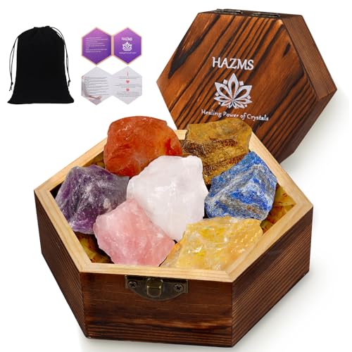 7pcs Crystals and Healing Stones with Wooden Gift Box, Raw Healing Crystals and Chakra Stones Set, Rose Quartz, Amethyst, Clear Quartz for Meditation Yoga Healing Protection-Gift for Women Healing-7pcs