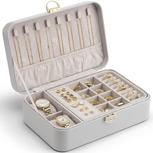 VLANDO 2 Layer Jewelry Box,Jewelry Organizer Storage Lockable Earring Organizer Removable Jewelry Tray with Watch Pillow for Neckable Ring Bracelets-Grey 03.Grey-Pillow