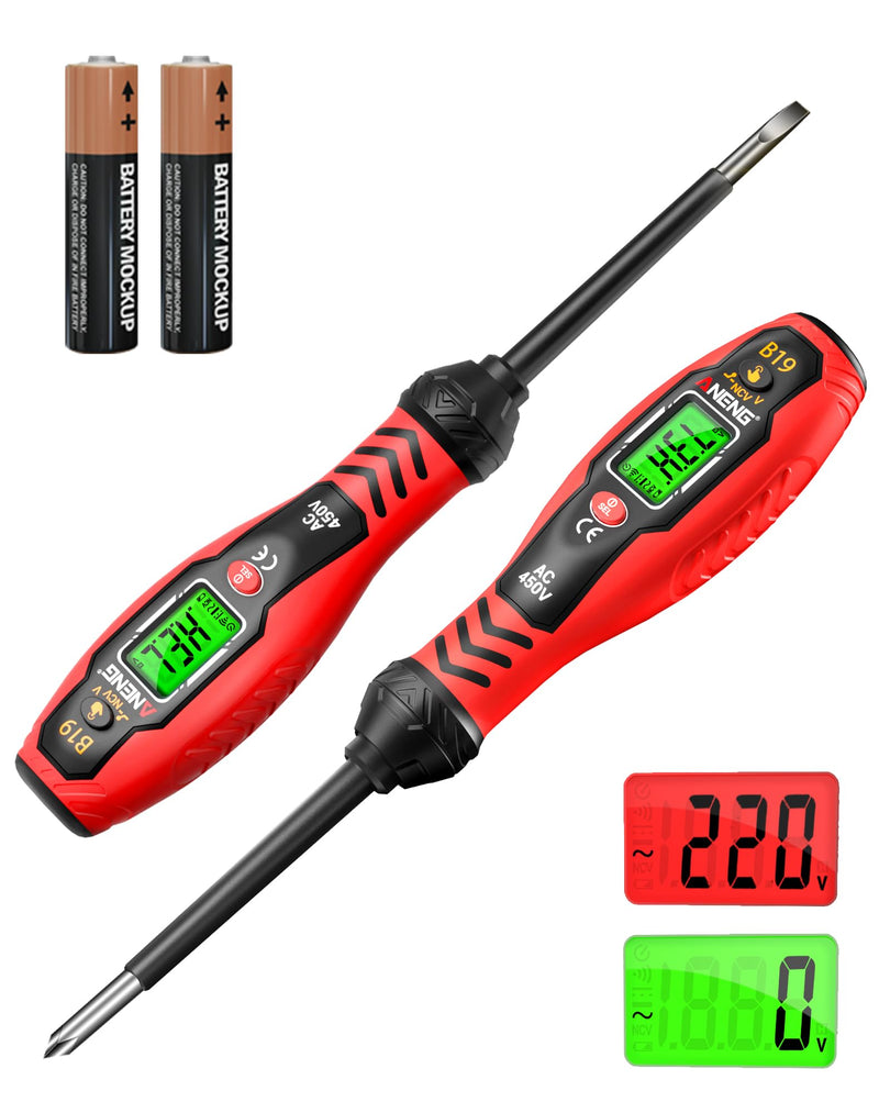 [Australia - AusPower] - ANENG Voltage Tester with Screwdriver Electrical Tester Tool Non Contact Voltage Detector Dual Range AC 11V/30V-1000V,Live/Null Wire Electric Tester with LCD Display,Buzzer Alarm,Breakpoint Finder B19 Red(crosshead/flathead) 