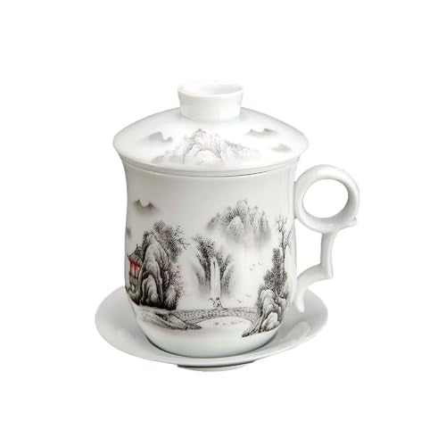 GOLDY&WENDY 4 Pieces Classic Ceramic Tea Cup Chinese Pattern Porcelain Tea Mug with Strainer Infuser and Lid and Saucer for Home Office F-Mountain 12.2 Ounces