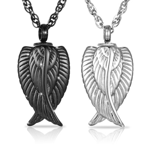 Decor Urns Urn Necklace for Ashes Memorial Cremation Jewelry for Ashes, Angel Wings Keepsake Pendant Ash Holder Stainless Steel Cremation Locket Jewelry for Women Men & Funnel Kit & Bag 2Pack(Silver+Black)