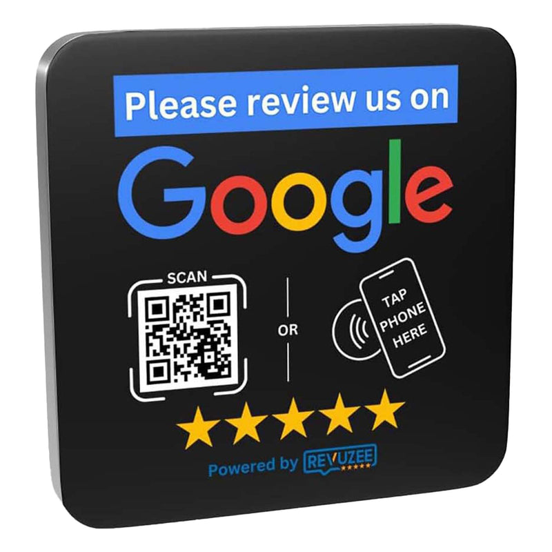 Counter Plate by Revuzee | Tap Plate with QR Code for Google Reviews | NFC and Custom QR Code Sign for Business | Includes Analytics and Customizable Landing Page | Adhesive Backing | 4.7"x 4.7" | Black 1 Pack