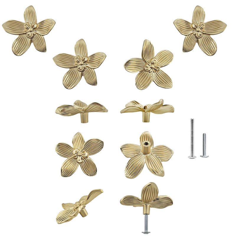 10 Pack Gold Flower Drawer Knobs, 60mm/ 2.36" Gold Decorative Floral Caninet Pulls, Creative Petal Knobs for Dresser Drawer, Bathroom Kitchen Cupboard Furniture Hardware (10 Flower) 10 Pack Brushed Gold Brass