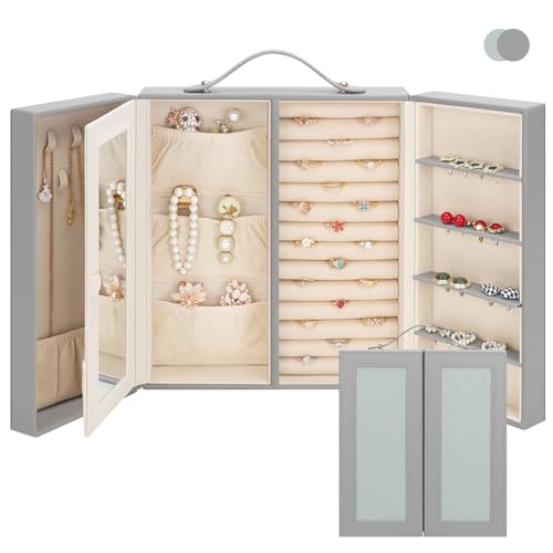 DesignSter Jewelry Box for Women, Jewelry Storage with Mirror, Travel Jewelry Organizer with Handle for Stud Earrings, Rings, Necklaces, Bracelets(Gray & Tea Green) Gray & Tea Green