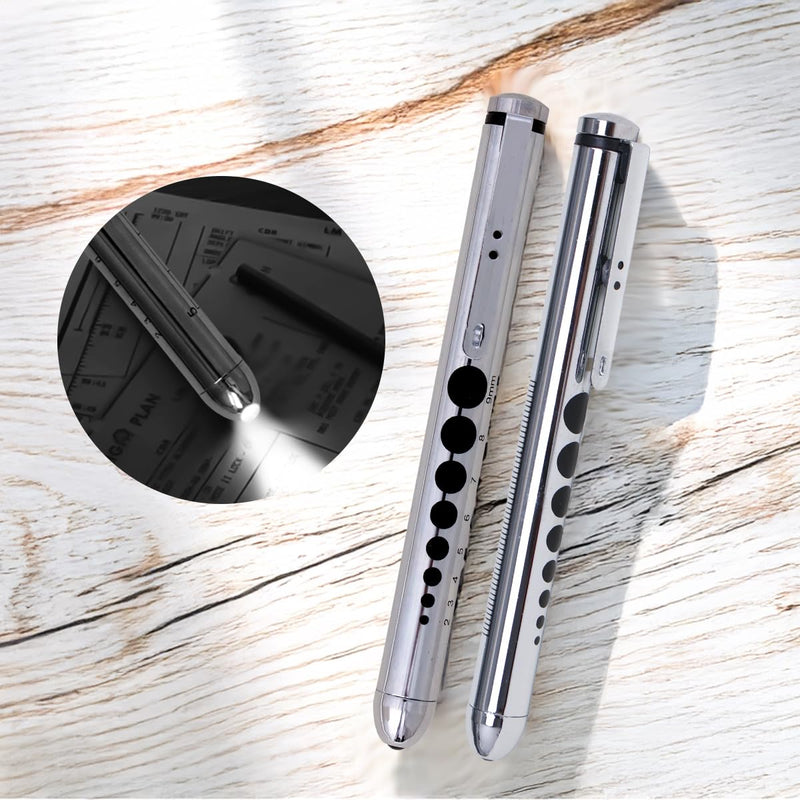 [Australia - AusPower] - 1PC Medical Pen Light with Pupil Gauge Penlight for Nurses Doctors,Reusable Medical LED Light with Pupil Gauge and Ruler,Silvery (Without Battery) 