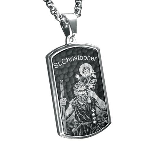 bahamut St Christopher Pendant Necklace for Men Womens,Stainless Steel Jewelry, Patron Saint of Travelers Black Silver SC