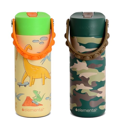 Elemental Core 2Pack Insulated Kids Water Bottle Straw Lid & Pop-It Handle 18 Ounces Dinos & Green Camo