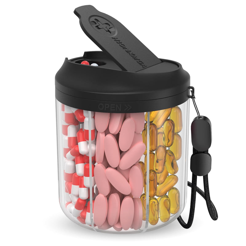 [Australia - AusPower] - Pill Dispenser with 7 Large Compartments, Pill Bottle Organizer for Travel, Supplement Organizer with Anti-Mixing Design, BPA-Free Pill Container with 20 Pcs Labels, Black Transparent Black 
