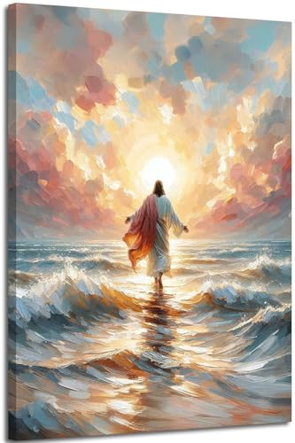 Jesus Walking on Water Canvas Wall Art Jesus Back Waters Reflection Sunset Glow Pink Gold Tones Wall Decor Pictures Christian Bible Stories Poster Prints for Living Room Church Home Decoration 16x24in 24"L x 16"W