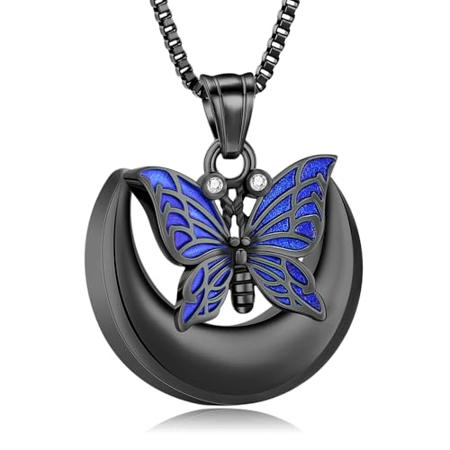 XSMZB Butterfly Urn Necklace for Ashes Women Men Moon Memorial Cremation Jewelry Ash Holder for Human Pet Keepsake Pendant Gift Black