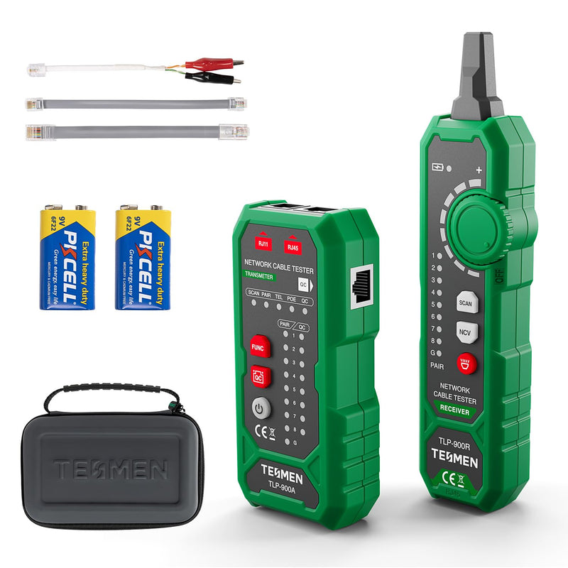 [Australia - AusPower] - TESMEN TLP-900AR Network Cable Tester, RJ11 RJ45, for CAT5/6/POE/STP, Multi-function Cable Tracer with Pairing, Continuity, QC&NCV, Suitable for Ethernet, Telephone, Wire maintenance and sorting-Green Green 