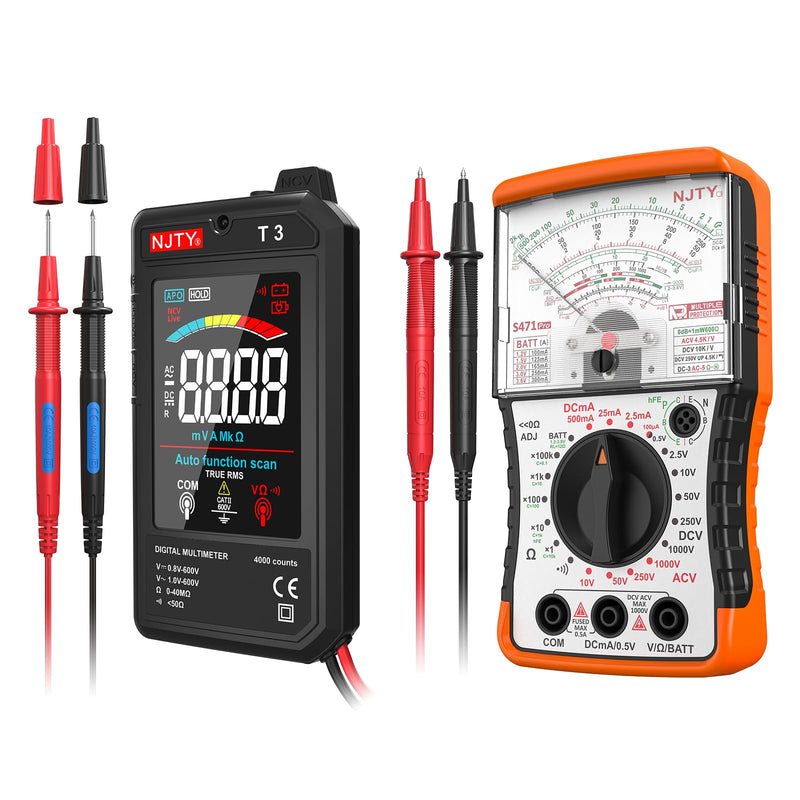 [Australia - AusPower] - Multimeter Combo Pack – Analog Needle Meter (S471) + Auto-Ranging Digital Multimeter (T3), for AC/DC Voltage, Current, Resistance, NCV, Battery Load Test & More 