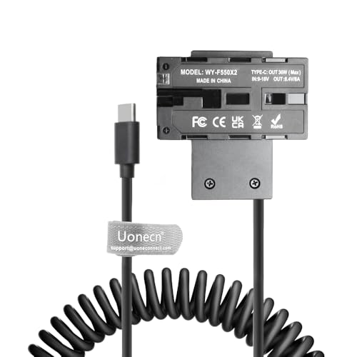 Uonecn USB C to NPF Dummy Battery Dual-Sided Cross-Shaped for Atomos| SmallHD Monitor, Wireless Transmission, NP-F550| F570| F770| F970 Dummy Battery Coiled Cable with USB-C PD Output Cross Contact Design