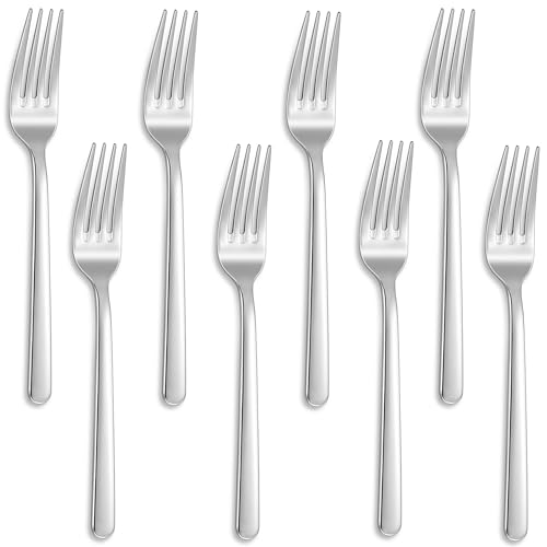 Set of 8 KEAWELL Premium Aline 8.3-inch dinner forks arranged on a table, showcasing sleek stainless steel utensil design.