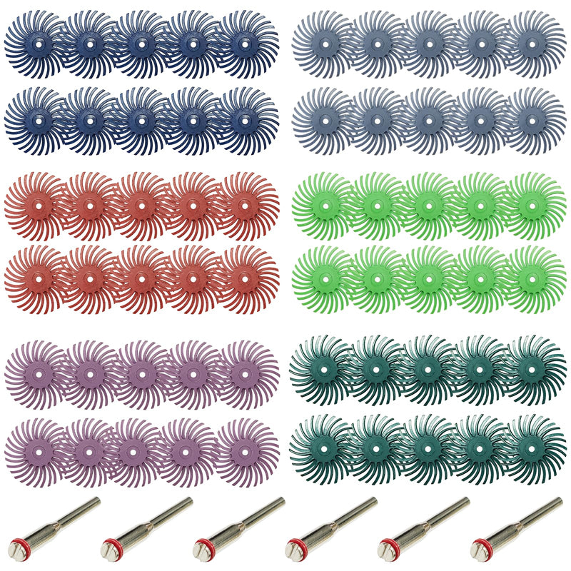 66pcs 1Inch Radial Bristle Disc Polishing Kit 6 Mix Grit 80/120/220/400/600/1000 with 1/8" Shank for Rotary Tools, Abrasive Brush Buffing Wheel Kit for Jewelry, Wood, Metal Finishing Deburring