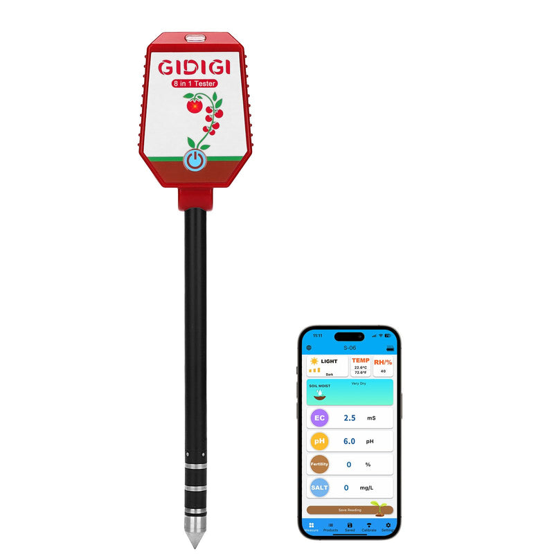 [Australia - AusPower] - Soil pH Meter Smart Soil Moisture Meter with App Control Digital Soil Test Kit for Plants pH Sunlight Intensity Fertility pH EC Salt Soil Thermometer Humidity Moisture Meter for Garden Lawn Farming 8in1 Moisture Tester 