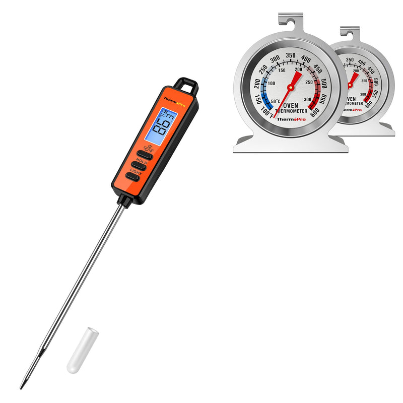 [Australia - AusPower] - 3-in-1 Bundle! ThermoPro 2-Pack Oven Thermometer for Gas Oven, 100-600°F Smoker Temperature Gauge, ThermoPro TP01A Digital Meat Thermometer for Cooking Candle Liquid Deep Frying Oil Candy 