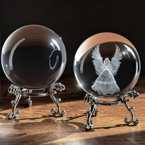 2 Pcs Crystal Ball with Silver Stand - 3D Laser Engraved Guardian Angel & Clear Glass Sphere Paperweight, Healing Crystal Figurine for Home Decor, Wedding & Angel Lovers Gift Clear&angel