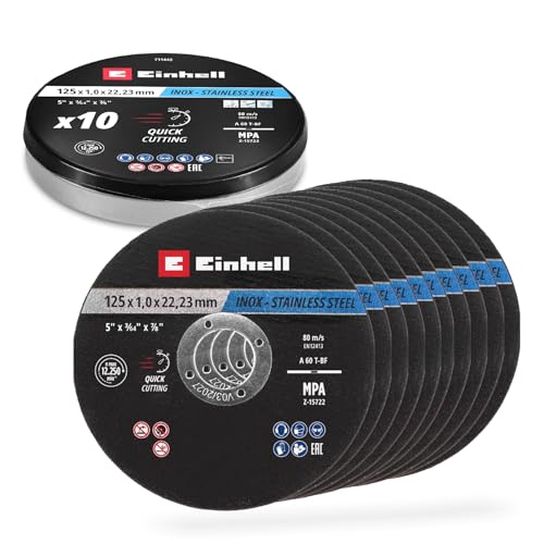 Einhell 10-Piece Thin Cutting Discs Stainless Steel Diameter 125 x 1 mm | Precision Cut | Metal Processing | 22.23mm Bore | MPA Certified | Straight Design | Includes Tin 125 x 1,0 mm 10 Stk.