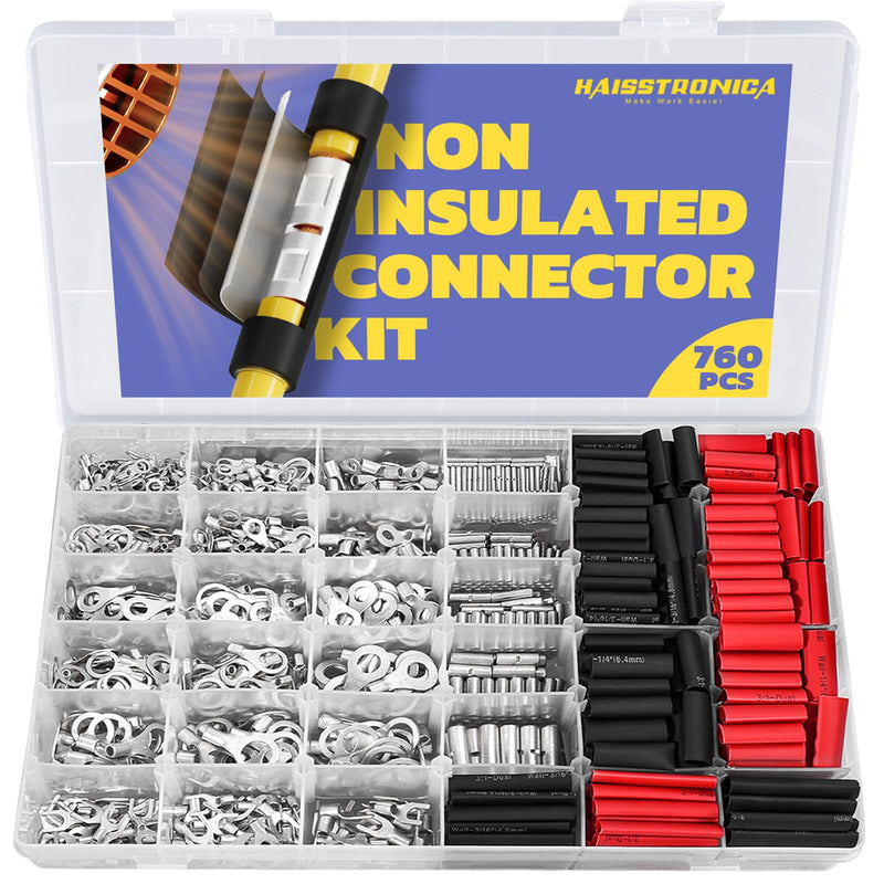 haisstronica Non Insulated Wire Connectors Kit 760 PCS - AWG 26-10 Tinned Copper Electrical Crimp Terminals with 3:1 Heat Shrink Tubing for Automotive, Marine, Industrial Wiring