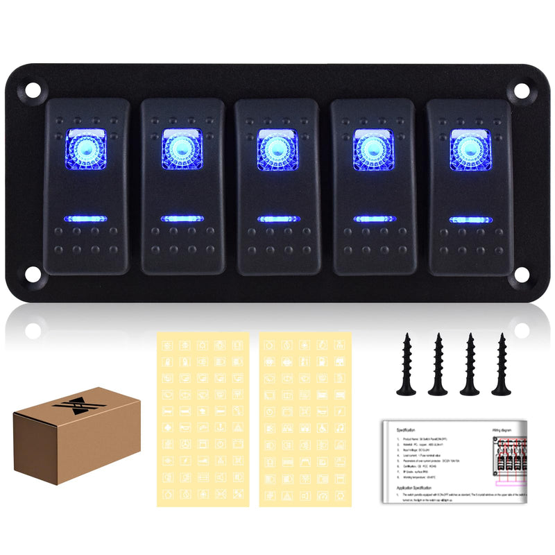 5 Gang Rocker Switch Panel Waterproof Pre-Wired Blue Backlit Toggle ON/Off Switch for Boat Marine Automotive RV Truck Trailer 12-24V Black-F 5 Gang