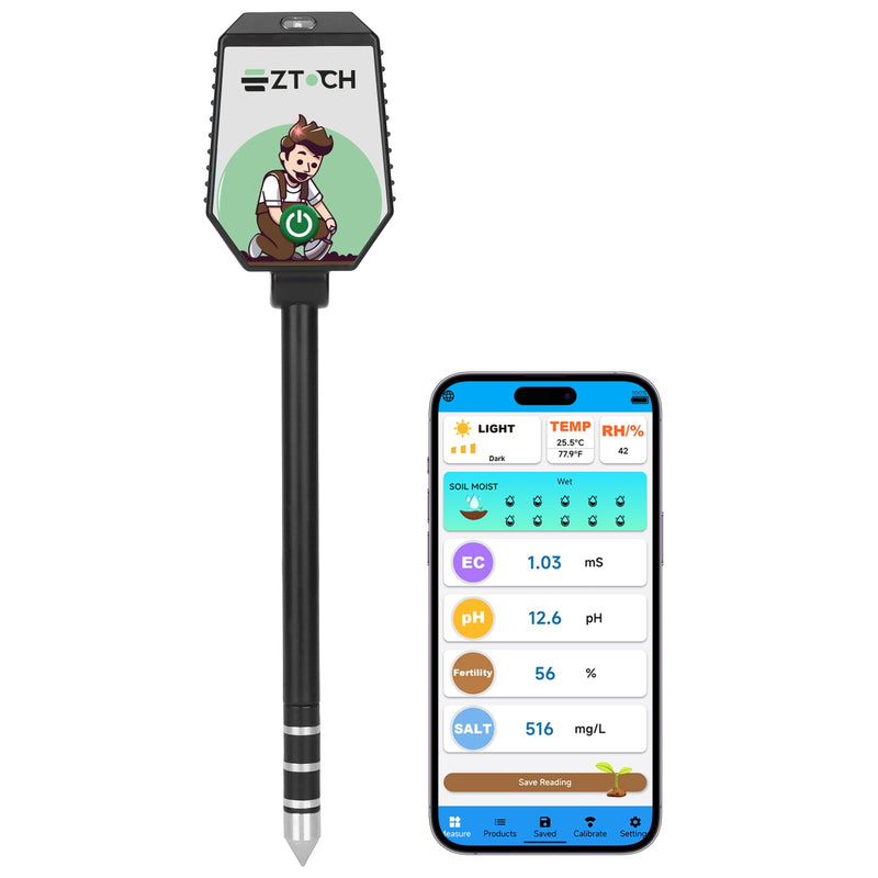 [Australia - AusPower] - Bluetooth Soil pH EC Tester, Smart Plant pH Fertility Meter, 8 in 1 pH EC Fertility Temp Salt Moisture Light Intensity Air Humidity Monitor for Blueberry, Garden, Lawn, Raised Garden Beds 8 in 1 pH Tester 